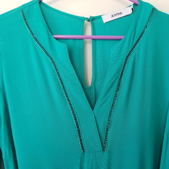JustFab teal v-neck long sleeve romper - Picture 2 of 8